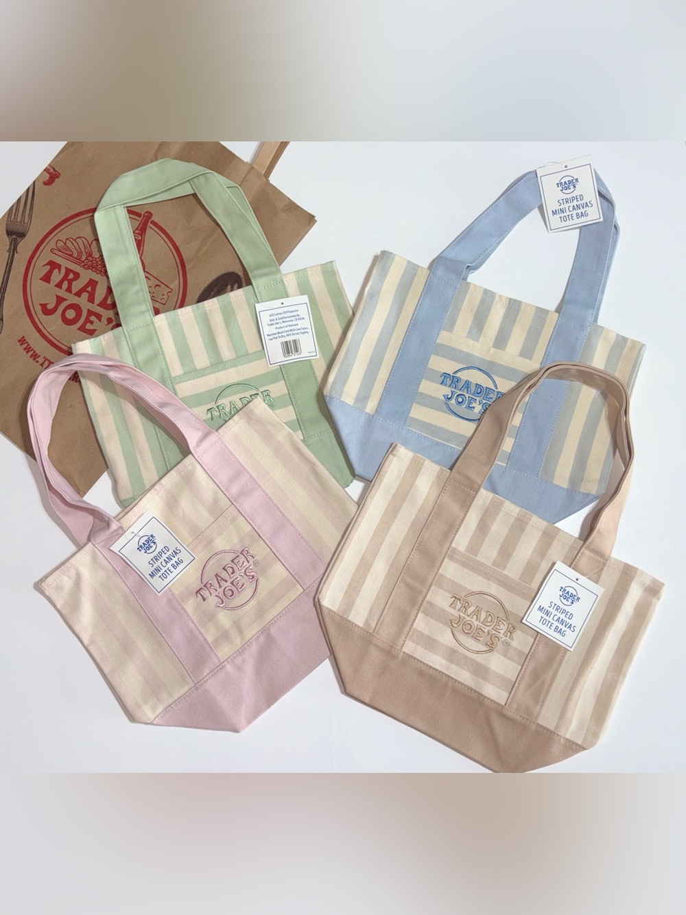 Trader Joe’s Summer 2026 Striped Mini Canvas Tote Bag Set Pastel Colors NWT